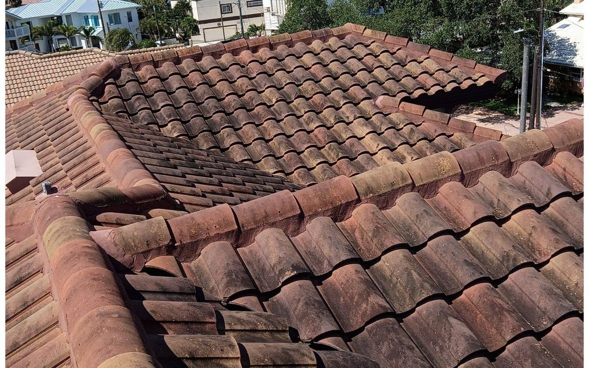 Tile roof covered in dark algae before Sandbar soft washing — real job photo
