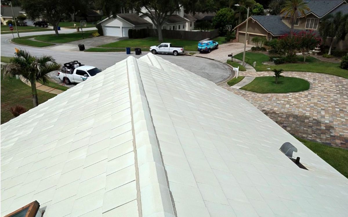 The same white roof ridge, uniform and clean after Sandbar soft washing